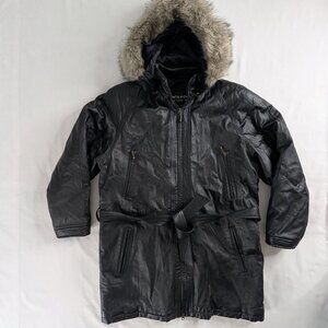 VTG Wilsons Leather Black Leather Faux Fur Trim Hood Belted Coat Mobwife